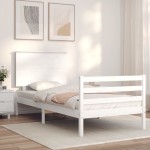 vidaXL Cadru de pat cu tăblie single, alb, lemn masiv vidaXL Cadru de pat cu tăblie single, alb, lemn masiv