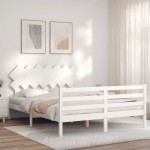 vidaXL Cadru de pat cu tăblie, alb, king size, lemn masiv vidaXL Cadru de pat cu tăblie, alb, king size, lemn masiv