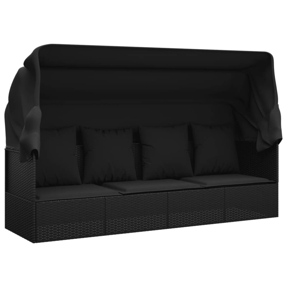 vidaXL Pat șezlong de exterior cu acoperiș și perne, negru, poliratan