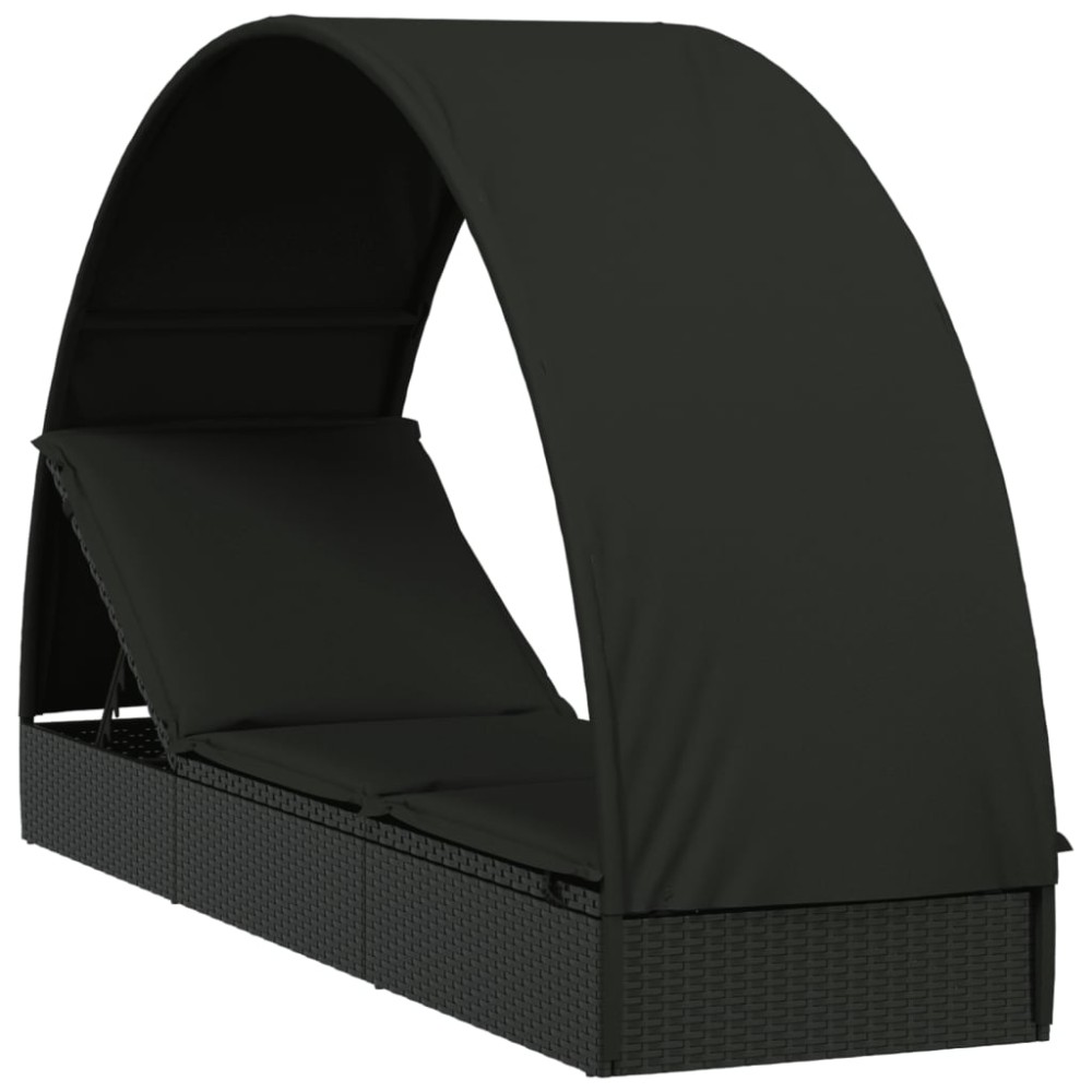 vidaXL Șezlong cu acoperiș rotund, negru, 211x57x140 cm, poliratan