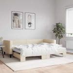 vidaXL Pat de zi cu extensie, crem, 90x200 cm, textil vidaXL Pat de zi cu extensie, crem, 90x200 cm, textil