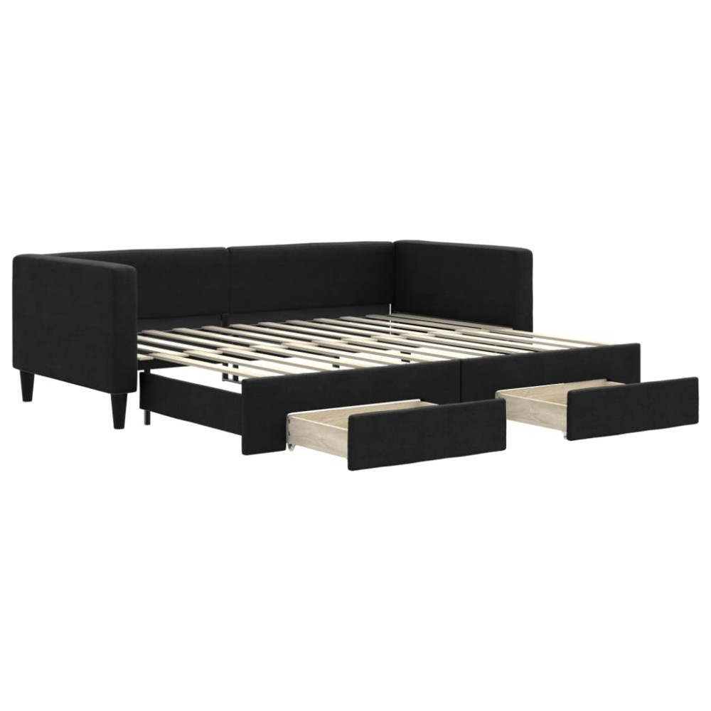 vidaXL Pat de zi cu extensie și sertare, negru, 90x200 cm, textil