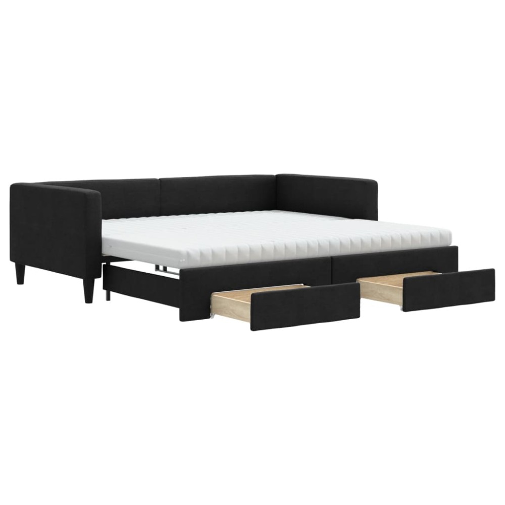 vidaXL Pat de zi cu extensie și sertare, negru, 100x200 cm, textil