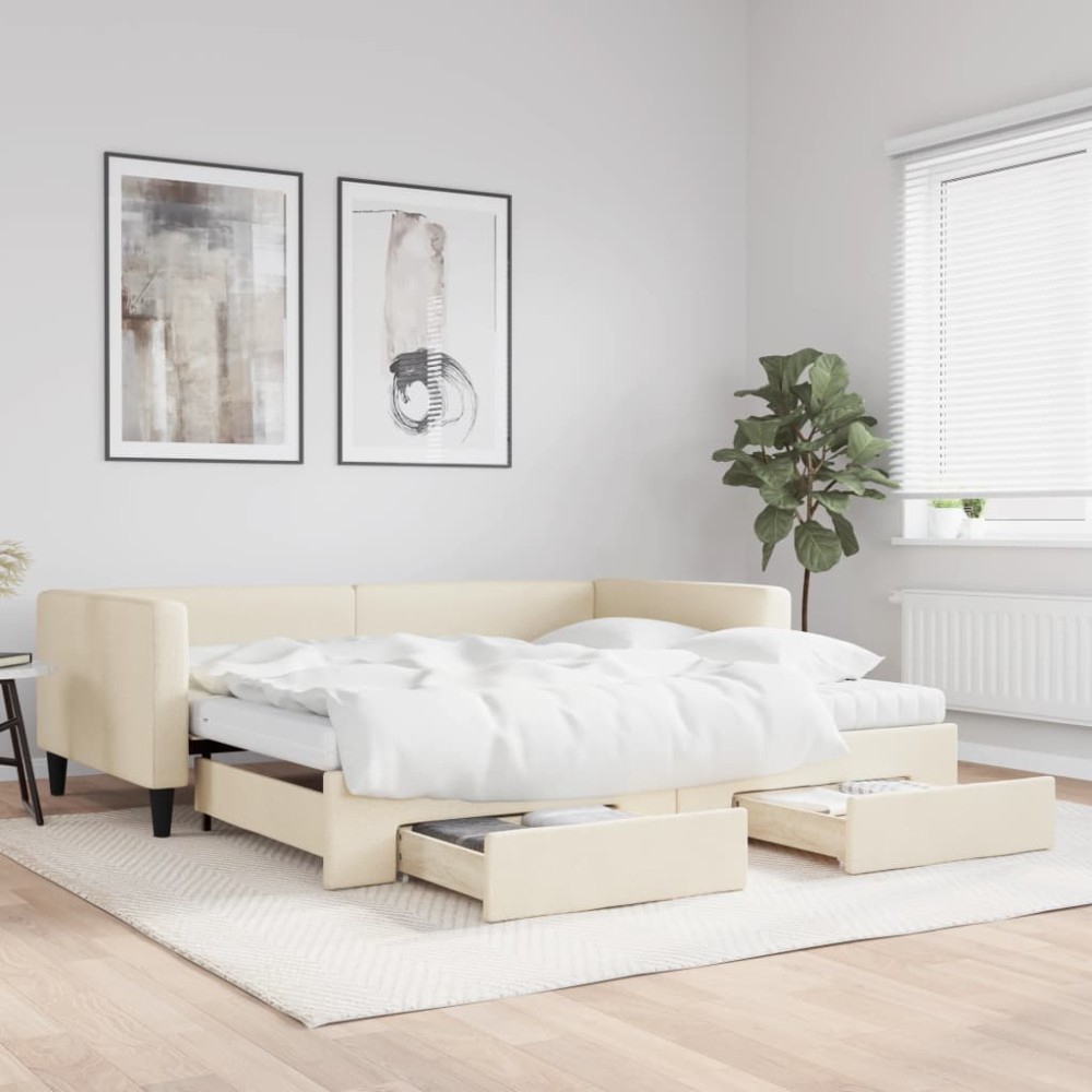 vidaXL Pat de zi cu extensie și sertare, crem, 100x200 cm, textil