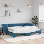 vidaXL Pat de zi cu extensie și saltea, albastru, 90x200 cm, catifea vidaXL Pat de zi cu extensie și saltea, albastru, 90x200 cm, catifea