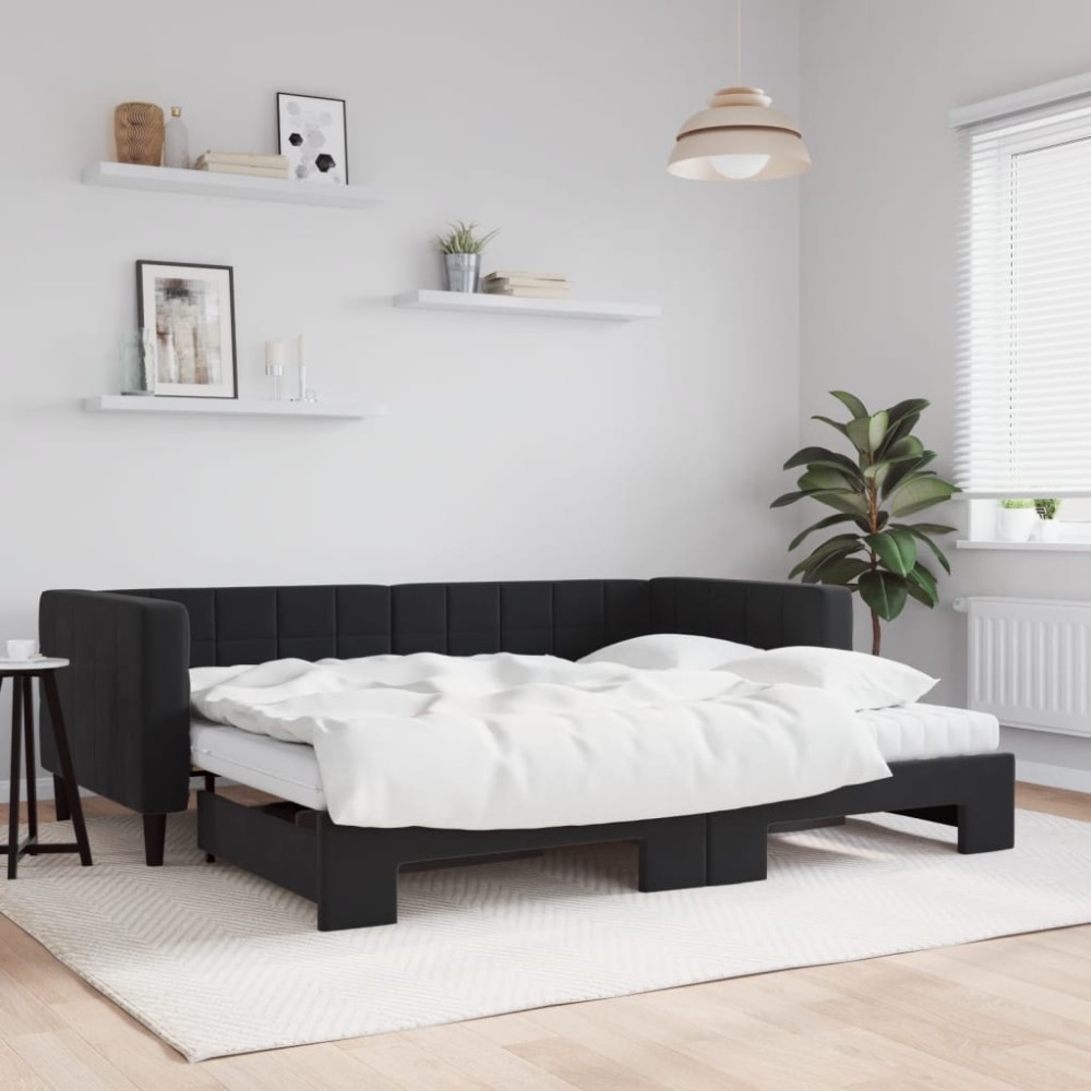 vidaXL Pat de zi cu extensie și saltea, negru, 90x200 cm, catifea