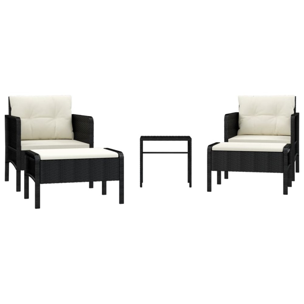 vidaXL Set șezlonguri de grădină, 5 piese, cu perne, negru, poliratan
