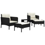 vidaXL Set șezlonguri de grădină, 5 piese, cu perne, negru, poliratan