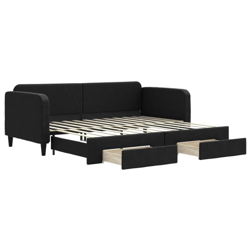 vidaXL Pat de zi cu extensie și sertare, negru, 90x200 cm, textil