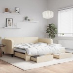 vidaXL Pat de zi cu extensie și sertare, crem, 100x200 cm, textil vidaXL Pat de zi cu extensie și sertare, crem, 100x200 cm, textil
