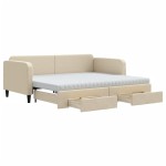 vidaXL Pat de zi cu extensie și sertare, crem, 90x200 cm, textil vidaXL Pat de zi cu extensie și sertare, crem, 90x200 cm, textil
