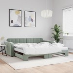 vidaXL Pat de zi cu extensie și saltele gri deschis 100x200 cm catifea vidaXL Pat de zi cu extensie și saltele gri deschis 100x200 cm catifea