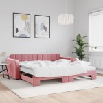 vidaXL Pat de zi cu extensie și saltea, roz, 100x200 cm, catifea vidaXL Pat de zi cu extensie și saltea, roz, 100x200 cm, catifea