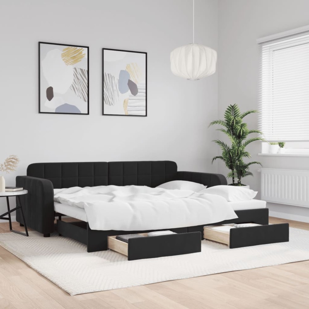 vidaXL Pat de zi cu extensie și sertare, negru, 90x200 cm, catifea