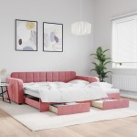 vidaXL Pat de zi cu extensie și sertare, roz, 100x200 cm, catifea vidaXL Pat de zi cu extensie și sertare, roz, 100x200 cm, catifea