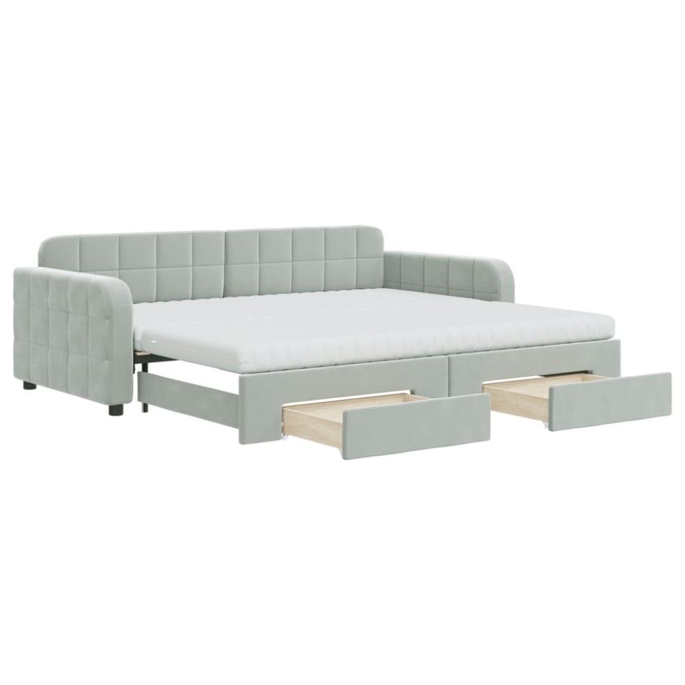 vidaXL Pat de zi cu extensie și sertare, gri deschis 90x200 cm catifea