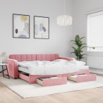 vidaXL Pat de zi cu extensie și sertare, roz, 90x200 cm, catifea vidaXL Pat de zi cu extensie și sertare, roz, 90x200 cm, catifea