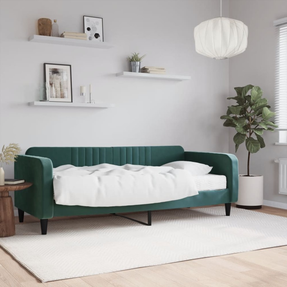 vidaXL Pat de zi cu saltea, verde închis, 90x200 cm, catifea