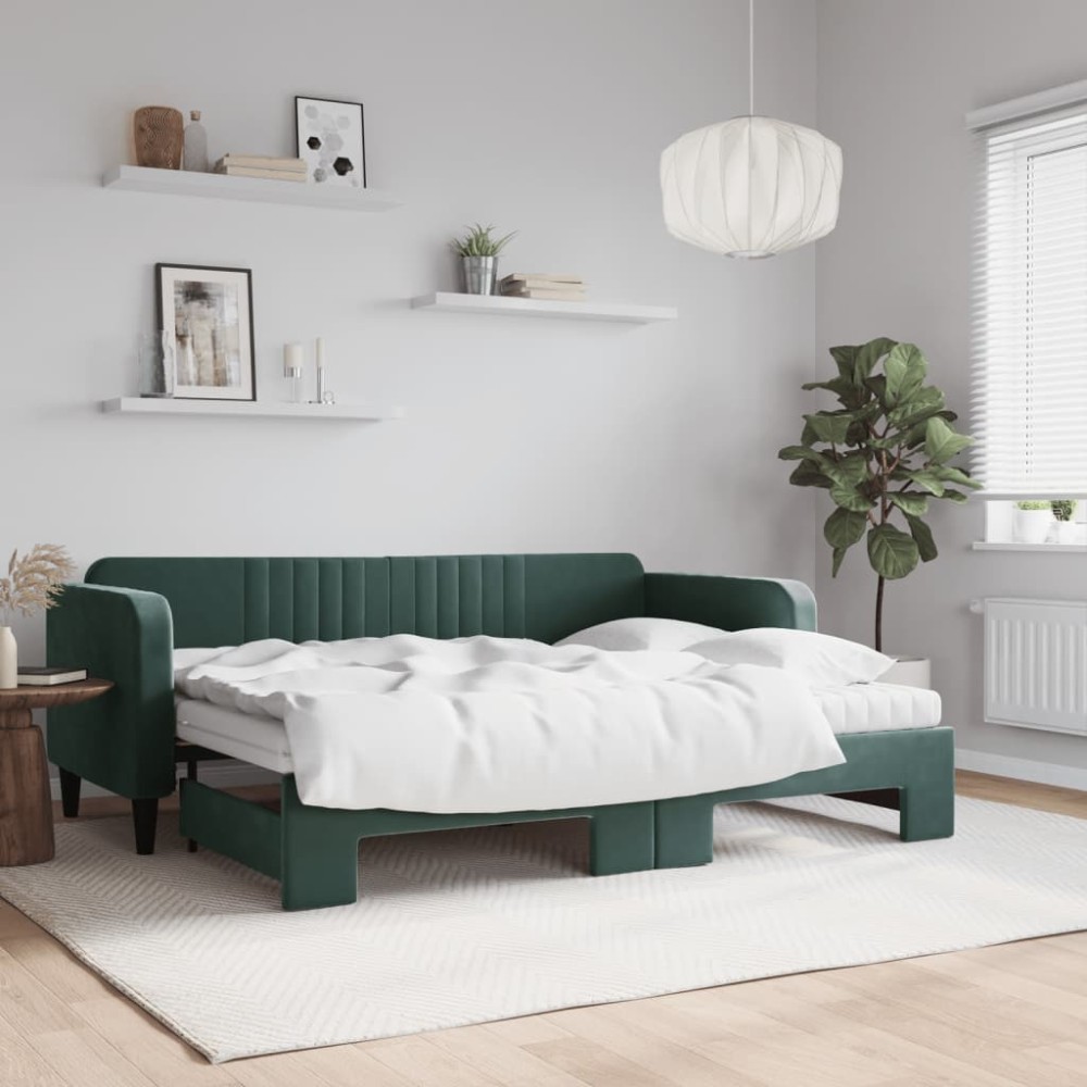 vidaXL Pat de zi cu extensie și saltele verde închis 80x200 cm catifea