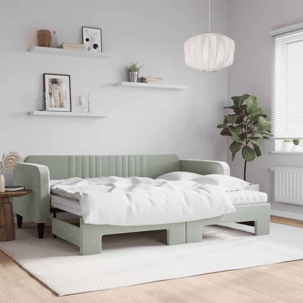 vidaXL Pat de zi cu extensie și saltele, gri deschis 90x200 cm catifea
