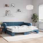 vidaXL Pat de zi cu extensie și saltele, albastru, 100x200 cm, catifea vidaXL Pat de zi cu extensie și saltele, albastru, 100x200 cm, catifea