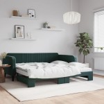 vidaXL Pat de zi cu extensie și saltele verde închis 100x200cm catifea vidaXL Pat de zi cu extensie și saltele verde închis 100x200cm catifea