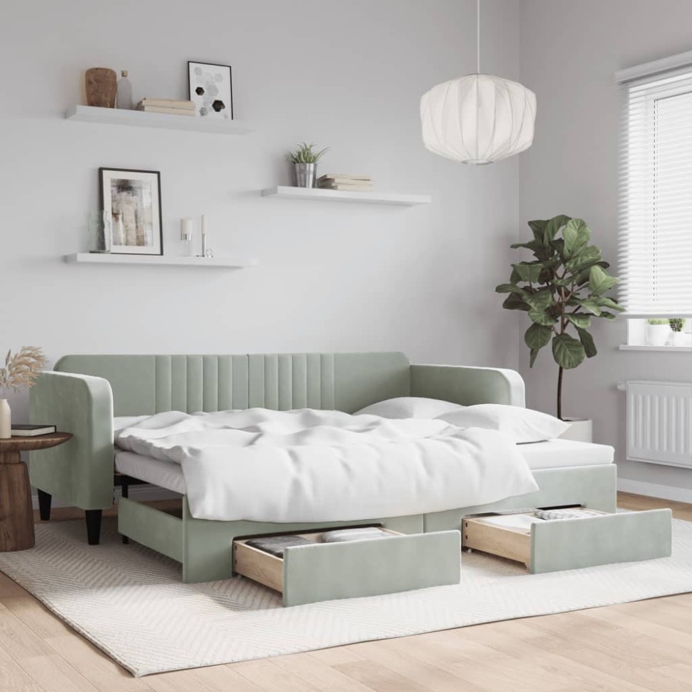 vidaXL Pat de zi cu extensie și sertare, gri deschis 90x200 cm catifea