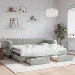 vidaXL Pat de zi cu extensie și sertare, gri deschis 90x200 cm catifea