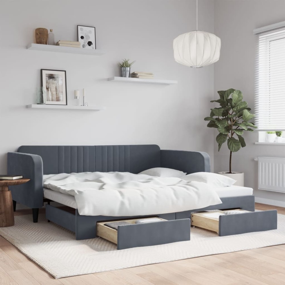 vidaXL Pat de zi cu extensie și sertare gri închis 100x200cm catifea