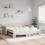 vidaXL Pat de zi cu extensie, crem, 100x200 cm, textil vidaXL Pat de zi cu extensie, crem, 100x200 cm, textil