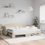 vidaXL Pat de zi cu extensie și saltele, crem, 90x200 cm, textil vidaXL Pat de zi cu extensie și saltele, crem, 90x200 cm, textil