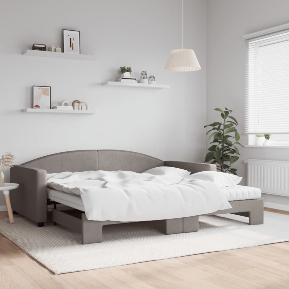 vidaXL Pat de zi cu extensie și saltele, gri taupe, 100x200 cm, textil
