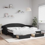 vidaXL Pat de zi cu extensie și sertare, negru, 100x200 cm, textil