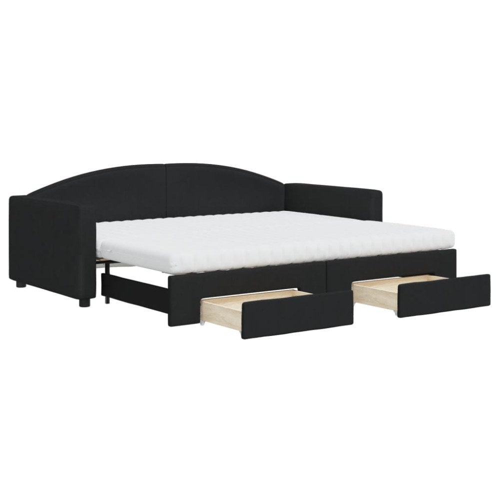 vidaXL Pat de zi cu extensie și sertare, negru, 90x200 cm, textil