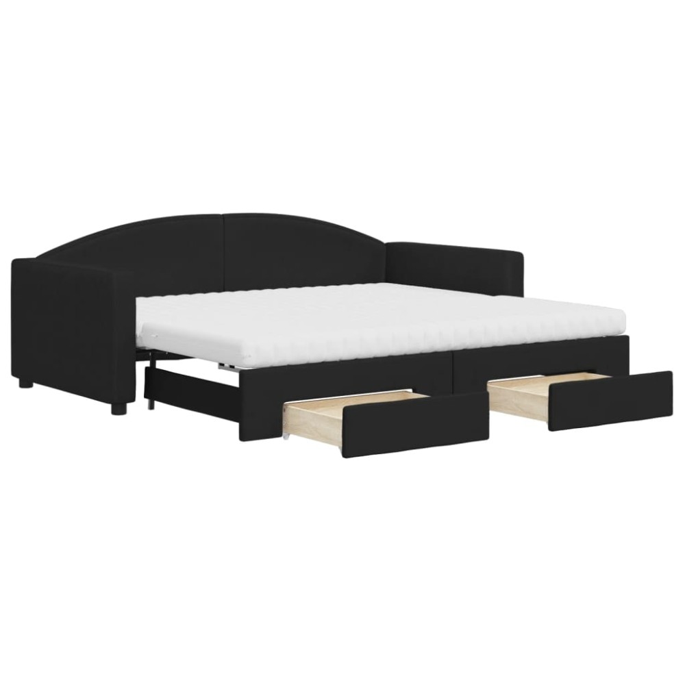 vidaXL Pat de zi cu extensie și sertare, negru, 90x190cm, textil