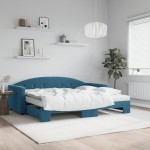 vidaXL Pat de zi cu extensie și saltea, albastru, 90x200 cm, catifea vidaXL Pat de zi cu extensie și saltea, albastru, 90x200 cm, catifea