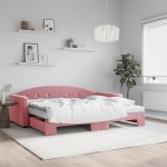 vidaXL Pat de zi cu extensie și saltea, roz, 90x200 cm, catifea vidaXL Pat de zi cu extensie și saltea, roz, 90x200 cm, catifea