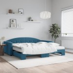 vidaXL Pat de zi cu extensie și saltele, albastru, 100x200 cm, catifea vidaXL Pat de zi cu extensie și saltele, albastru, 100x200 cm, catifea