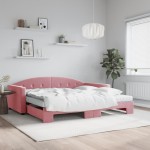 vidaXL Pat de zi cu extensie și saltea, roz, 100x200 cm, catifea vidaXL Pat de zi cu extensie și saltea, roz, 100x200 cm, catifea