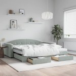 vidaXL Pat de zi cu extensie și sertare gri deschis 100x200 cm catifea vidaXL Pat de zi cu extensie și sertare gri deschis 100x200 cm catifea