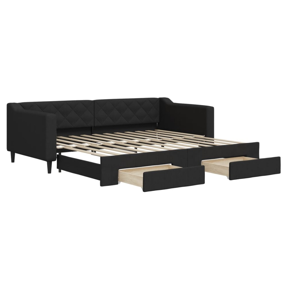 vidaXL Pat de zi cu extensie și sertare, negru, 90x200 cm, textil