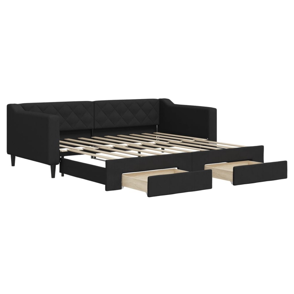 vidaXL Pat de zi cu extensie și sertare, negru, 90x190cm, textil