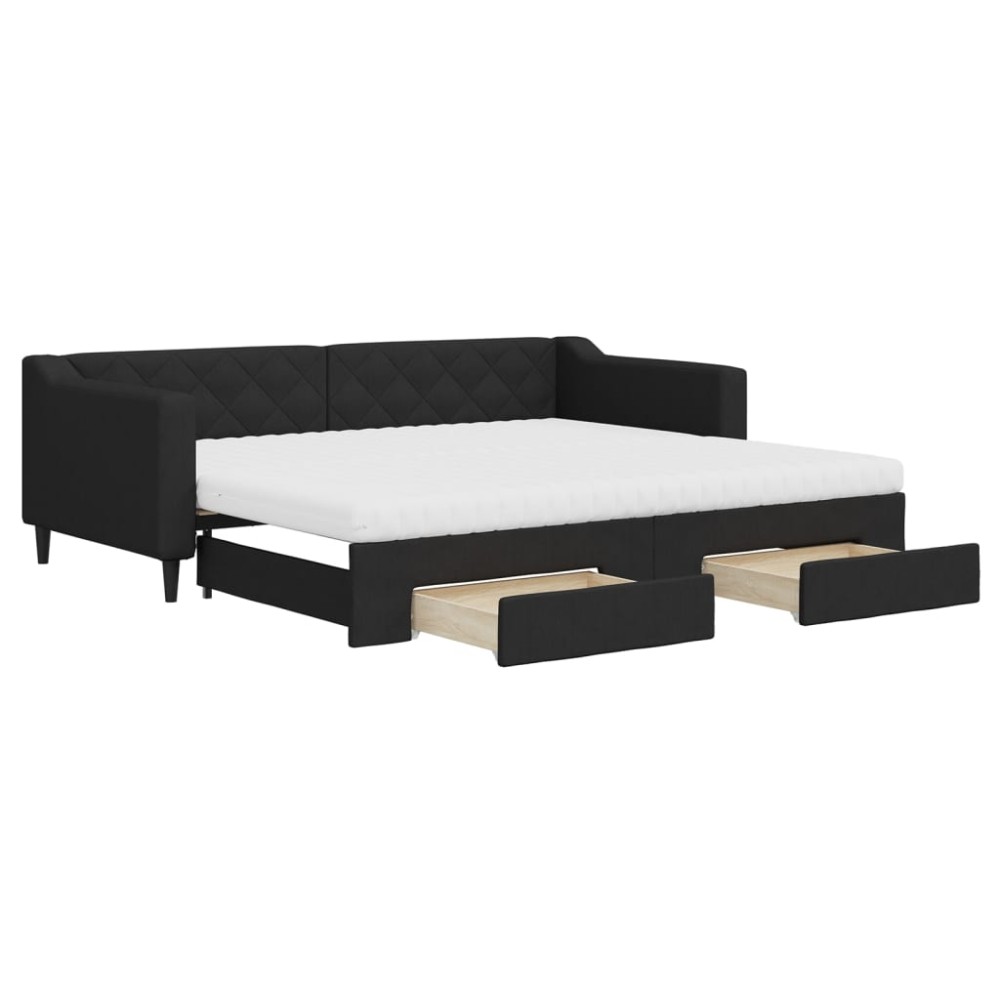 vidaXL Pat de zi cu extensie și sertare, negru, 90x200 cm, textil
