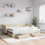 vidaXL Pat de zi cu extensie și sertare, crem, 90x200 cm, textil