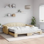 vidaXL Pat de zi cu extensie, crem, 100x200 cm, textil vidaXL Pat de zi cu extensie, crem, 100x200 cm, textil