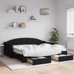 vidaXL Pat de zi cu extensie și sertare, negru, 90x190cm, textil vidaXL Pat de zi cu extensie și sertare, negru, 90x190cm, textil