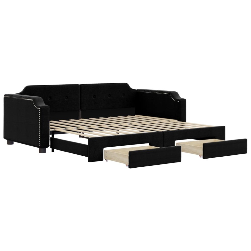 vidaXL Pat de zi cu extensie și sertare, negru, 90x200 cm, textil