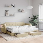 vidaXL Pat de zi cu extensie și sertare, crem, 90x200 cm, textil vidaXL Pat de zi cu extensie și sertare, crem, 90x200 cm, textil