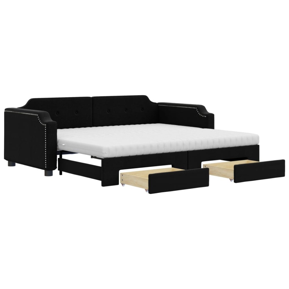 vidaXL Pat de zi cu extensie și sertare, negru, 90x200 cm, textil