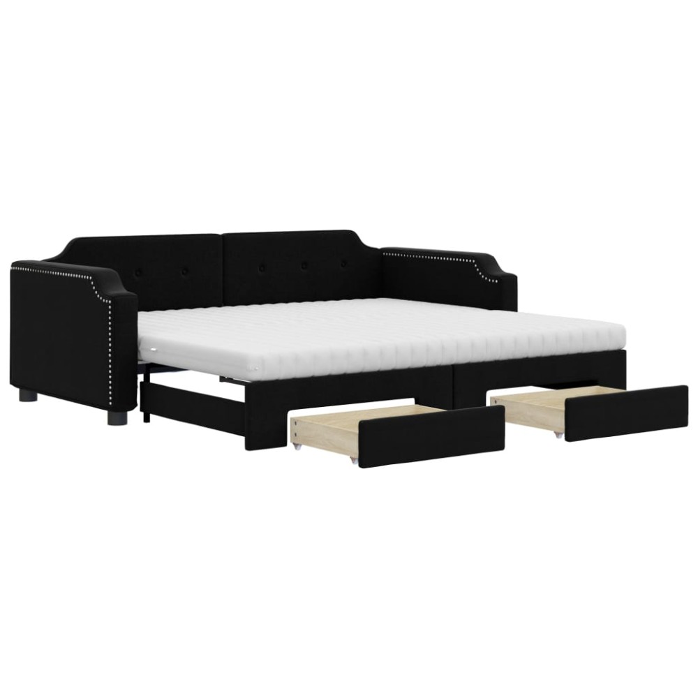 vidaXL Pat de zi cu extensie și sertare, negru, 90x190cm, textil